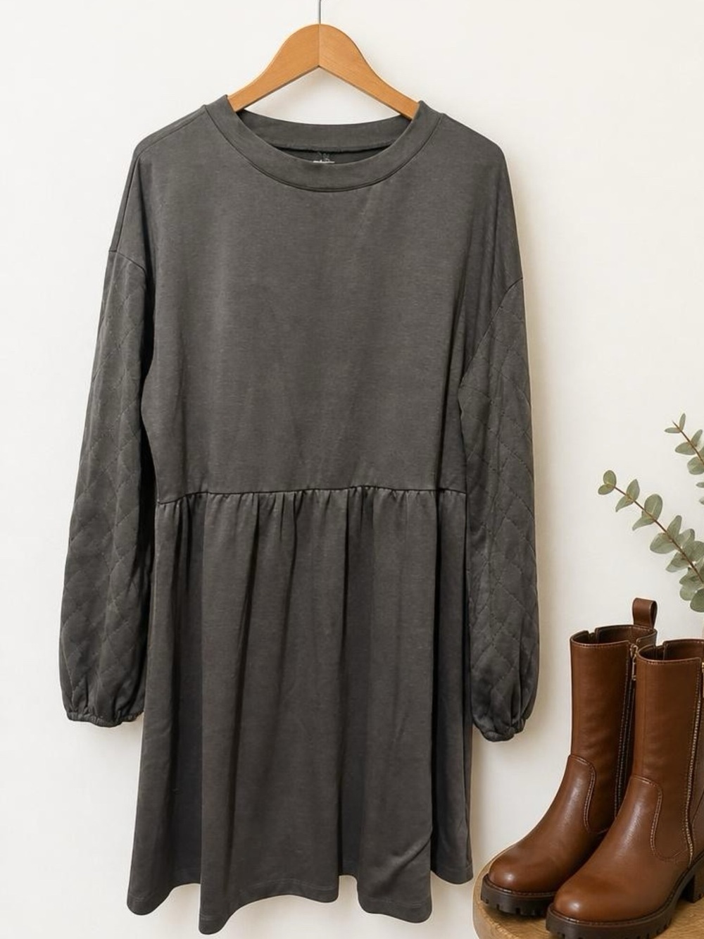 Maurices Gray Quilted-Sleeve Casual Dress
